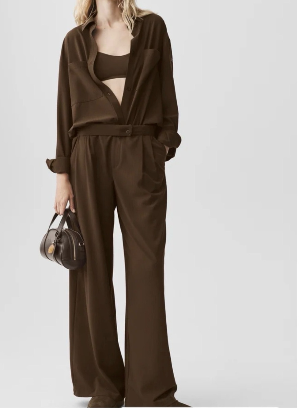 ALO Yoga Wide-Leg Pants and Shirt Set in Dark Brown